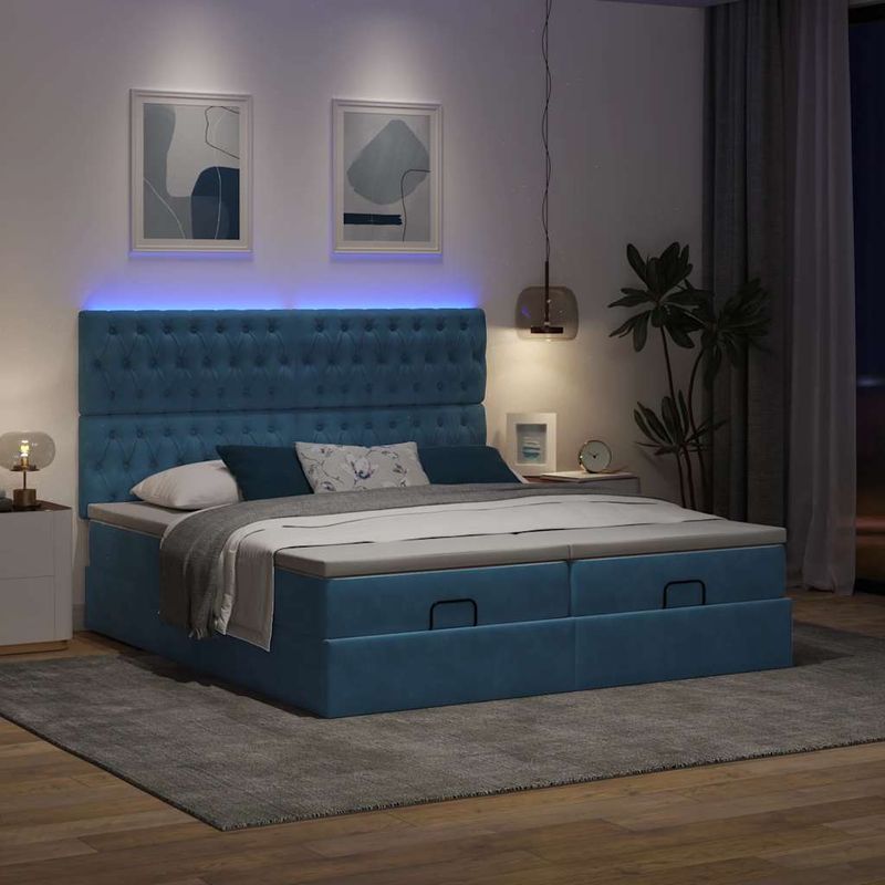 Casa si Gradina - Mobilier - Paturi si accesorii - Paturi - Cadru pat otoman cu saltele Albastru inchis 160x200cm catifea - Infinity.ro