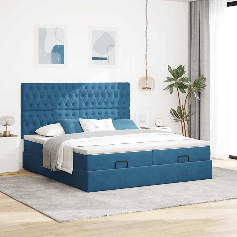 Casa si Gradina - Mobilier - Paturi si accesorii - Paturi - Cadru pat otoman cu saltele Albastru inchis 160x200cm catifea - Infinity.ro