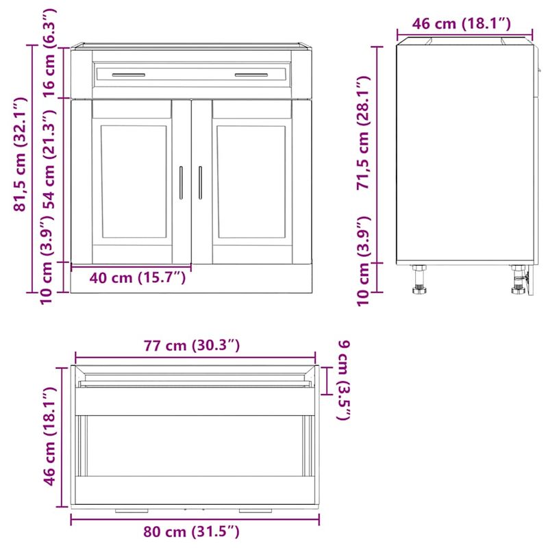 Casa si Gradina - Mobilier - Comode si corpuri - Corpuri bucatarie - Dulap de baza de bucatarie „Porto” din lemn negru prelucrat, model 1x dulap inferior (2 uși 2 sertare), mărime 80x46x81.5 cm - Infinity.ro