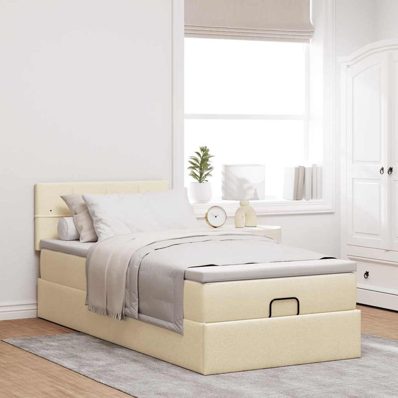 Casa si Gradina - Mobilier - Paturi si accesorii - Paturi - Pat otoman cu saltea crem 90x200 cm stofa, model cu blocuri pătrate - Infinity.ro