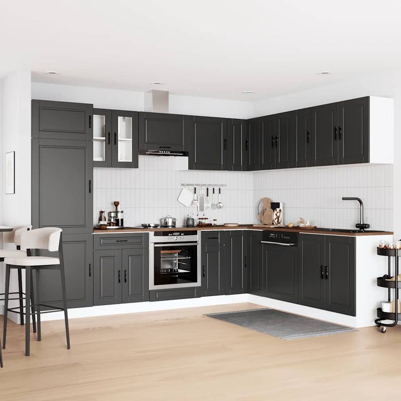 Casa si Gradina - Mobilier - Comode si corpuri - Corpuri bucatarie - Set dulap de bucatarie 14 piese „Porto” lemn negru prelucrat - Infinity.ro