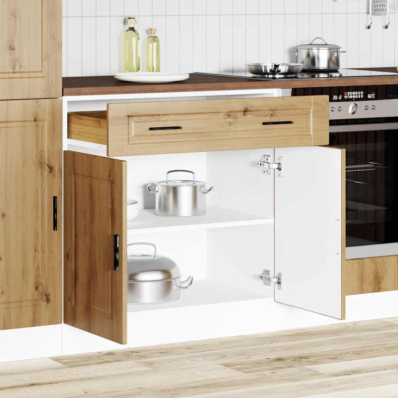Casa si Gradina - Mobilier - Comode si corpuri - Corpuri bucatarie - Dulap de baza de bucatarie „Porto” din lemn de stejar artizanal, model 1x dulap inferior (2 uși 2 sertare), mărime 80x46x81.5 cm - Infinity.ro