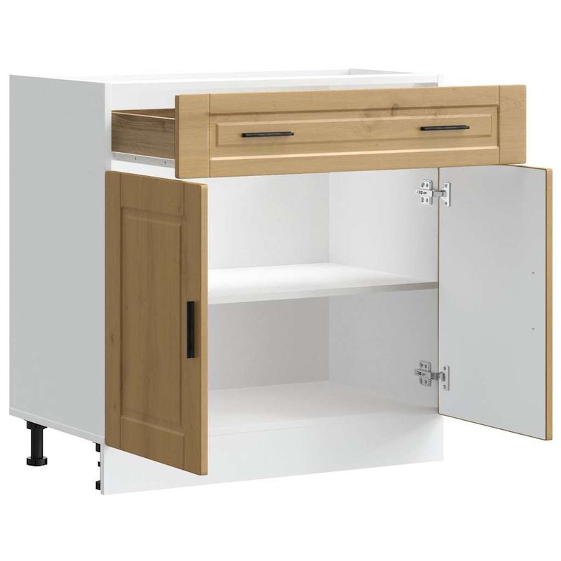 Casa si Gradina - Mobilier - Comode si corpuri - Corpuri bucatarie - Dulap de baza de bucatarie „Porto” din lemn de stejar artizanal, model 1x dulap inferior (2 uși 2 sertare), mărime 80x46x81.5 cm - Infinity.ro