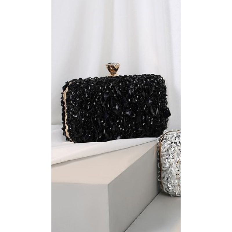 Fashion, accesorii si bijuterii - Femei - Accesorii femei - Genti si rucsacuri femei - Gentuta dama eleganta, clutch, cu margele si paiete negre, cu lantisor si maner auriu, 200x60x120mm - Infinity.ro