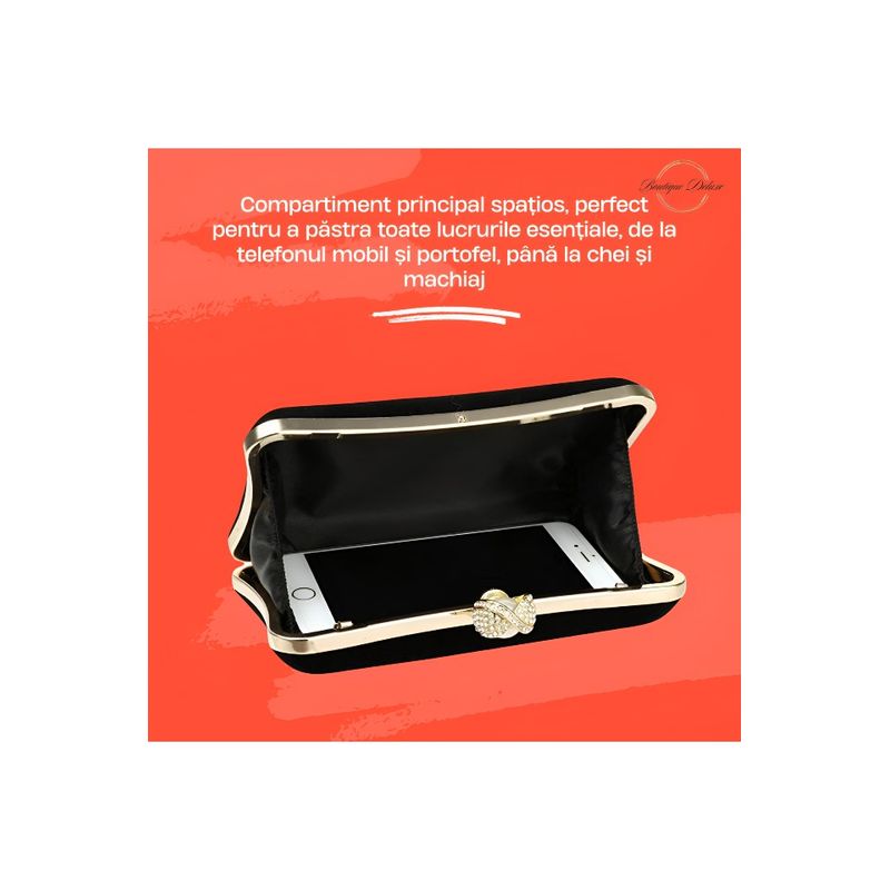 Fashion, accesorii si bijuterii - Femei - Accesorii femei - Genti si rucsacuri femei - Geanta Clutch Dama, Design Retro Elegant, Inchidere cu Perla, cu Lantisor, Incapatoare, Negru 20.5x12.5.x5.5 cm - Infinity.ro