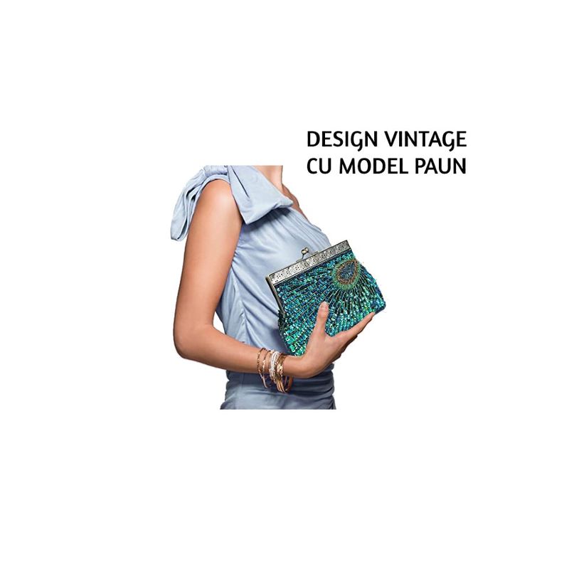 Fashion, accesorii si bijuterii - Femei - Accesorii femei - Genti si rucsacuri femei - Geanta mica de dama, eleganta, tip clutch, model paun, cu lantisor, design vintage, cu paiete, Multicolora - Infinity.ro