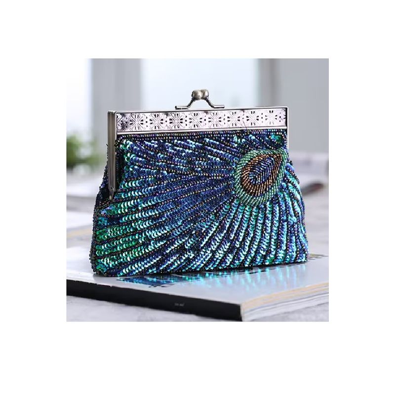 Fashion, accesorii si bijuterii - Femei - Accesorii femei - Genti si rucsacuri femei - Geanta mica de dama, eleganta, tip clutch, model paun, cu lantisor, design vintage, cu paiete, Multicolora - Infinity.ro