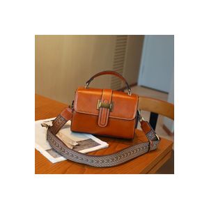 Geanta dama crossbody mica, retro, din piele naturala, cu catarama, model korean, Maro deschis