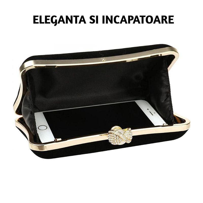 Fashion, accesorii si bijuterii - Femei - Accesorii femei - Genti si rucsacuri femei - Geanta mica dama, design elegant, tip clutch, inchidere cu perla, cu lantisor, incapatoare, Negru - Infinity.ro