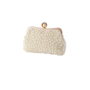 Gentuta mica dama, design elegant, cu perlute albe sintetice de diferite dimensiuni, lantisor lung auriu, Alba