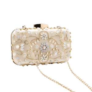 Geanta Mica de Dama, Design Elegant, Tip Clutch, cu Aplicatii de Pietre Multicolore si Lantisor, Incapatoare, Aurie