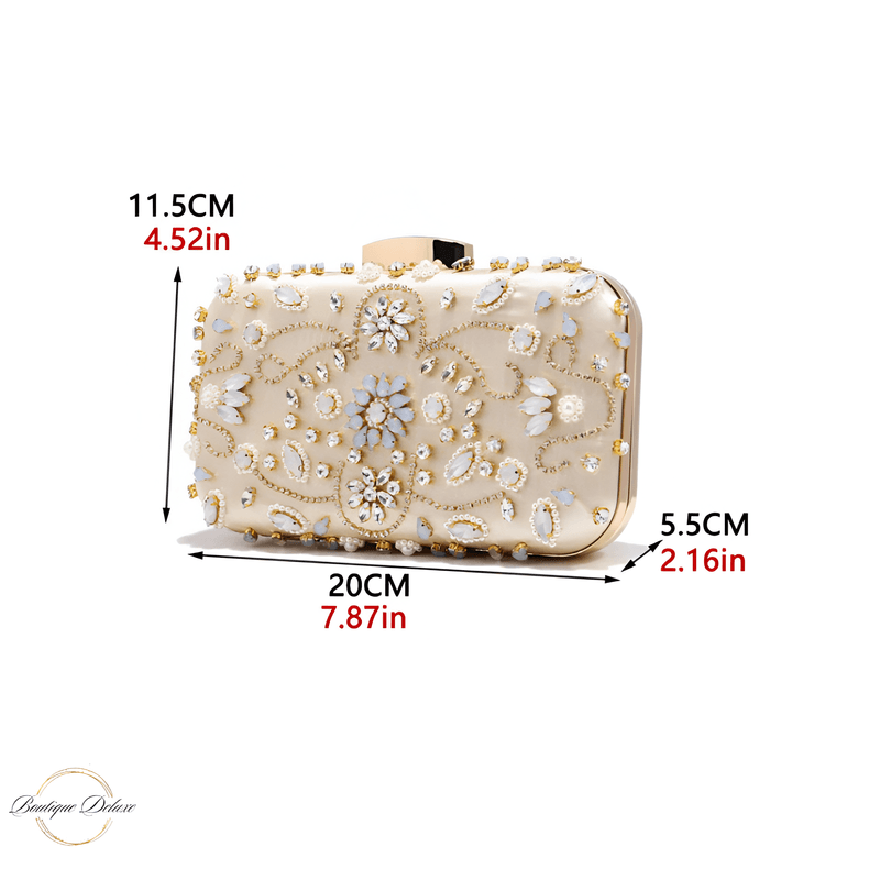 Fashion, accesorii si bijuterii - Femei - Accesorii femei - Genti si rucsacuri femei - Geanta Mica de Dama, Design Elegant, Tip Clutch, cu Aplicatii de Pietre Multicolore si Lantisor, Incapatoare, Aurie - Infinity.ro