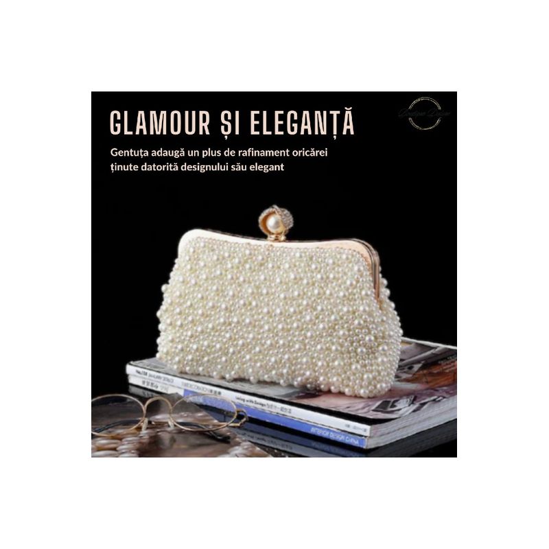 Fashion, accesorii si bijuterii - Femei - Accesorii femei - Genti si rucsacuri femei - Poseta de Dama, Eleganta, Aurie, cu Perlute Albe, Lantisor Lung Auriu 22x4,5x16 CM - Infinity.ro