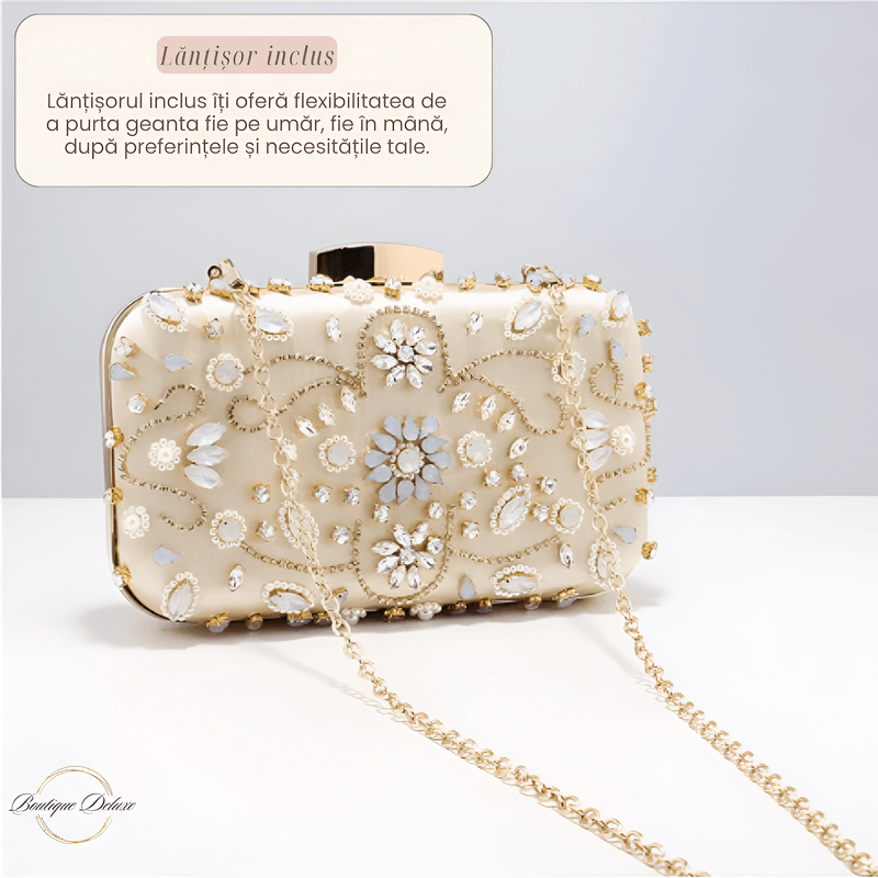 Fashion, accesorii si bijuterii - Femei - Accesorii femei - Genti si rucsacuri femei - Geanta Mica de Dama, Design Elegant, Tip Clutch, cu Aplicatii de Pietre Multicolore si Lantisor, Incapatoare, Aurie - Infinity.ro