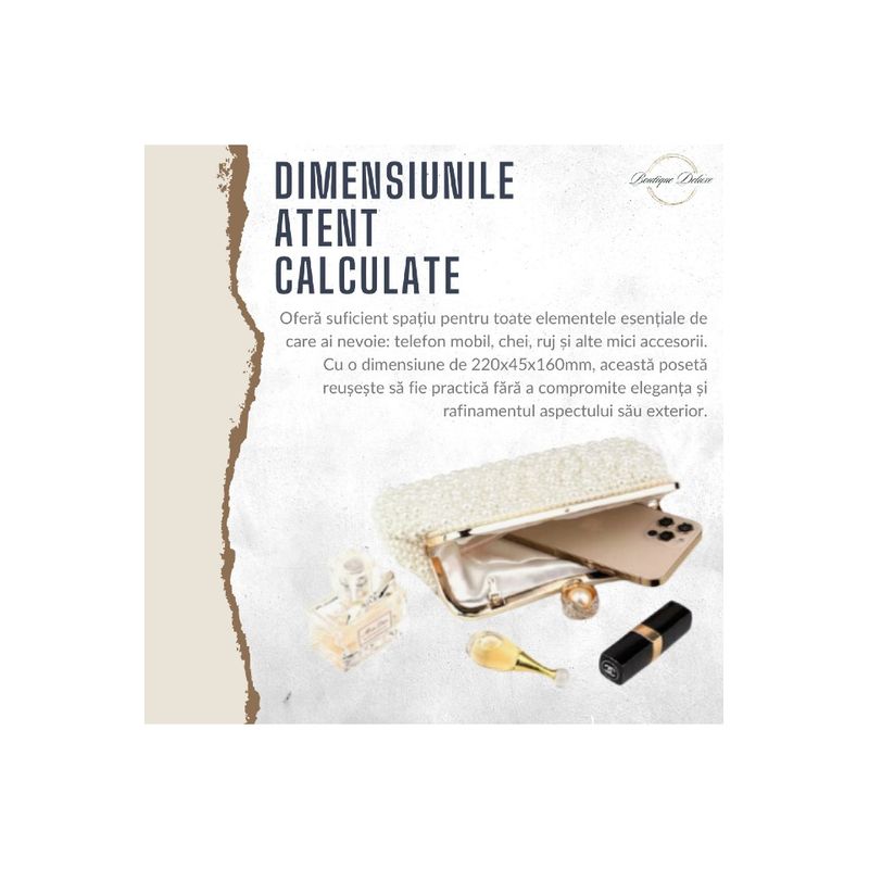 Fashion, accesorii si bijuterii - Femei - Accesorii femei - Genti si rucsacuri femei - Poseta de Dama, Eleganta, Aurie, cu Perlute Albe, Lantisor Lung Auriu 22x4,5x16 CM - Infinity.ro