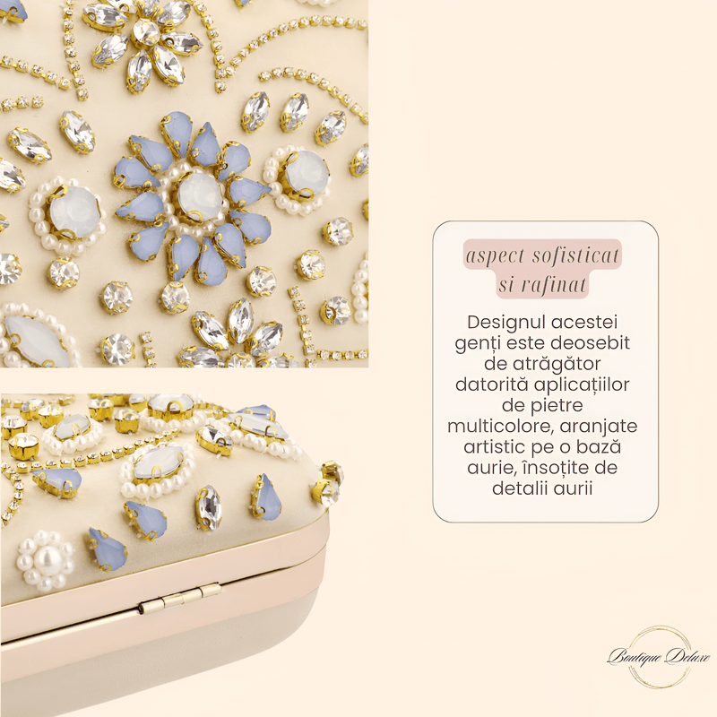 Fashion, accesorii si bijuterii - Femei - Accesorii femei - Genti si rucsacuri femei - Geanta Mica de Dama, Design Elegant, Tip Clutch, cu Aplicatii de Pietre Multicolore si Lantisor, Incapatoare, Aurie - Infinity.ro