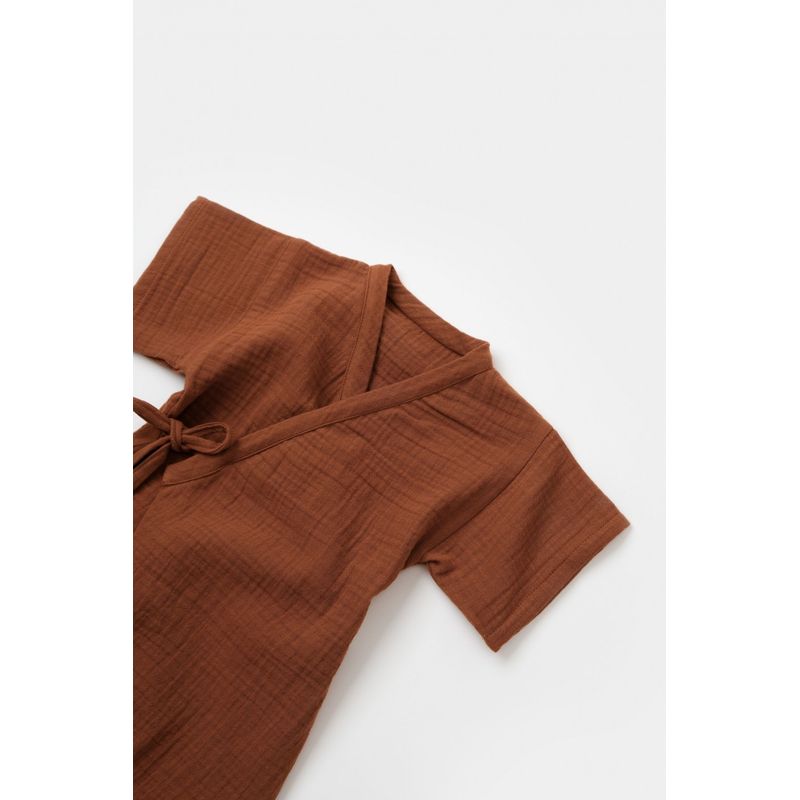 Fashion, accesorii si bijuterii - Copii - Imbracaminte copii - Salopete copii - Salopeta petrecuta din muselina, BabyCosy, 100% bumbac organic, Caramiziu (Marime: 6-9 luni) - Infinity.ro