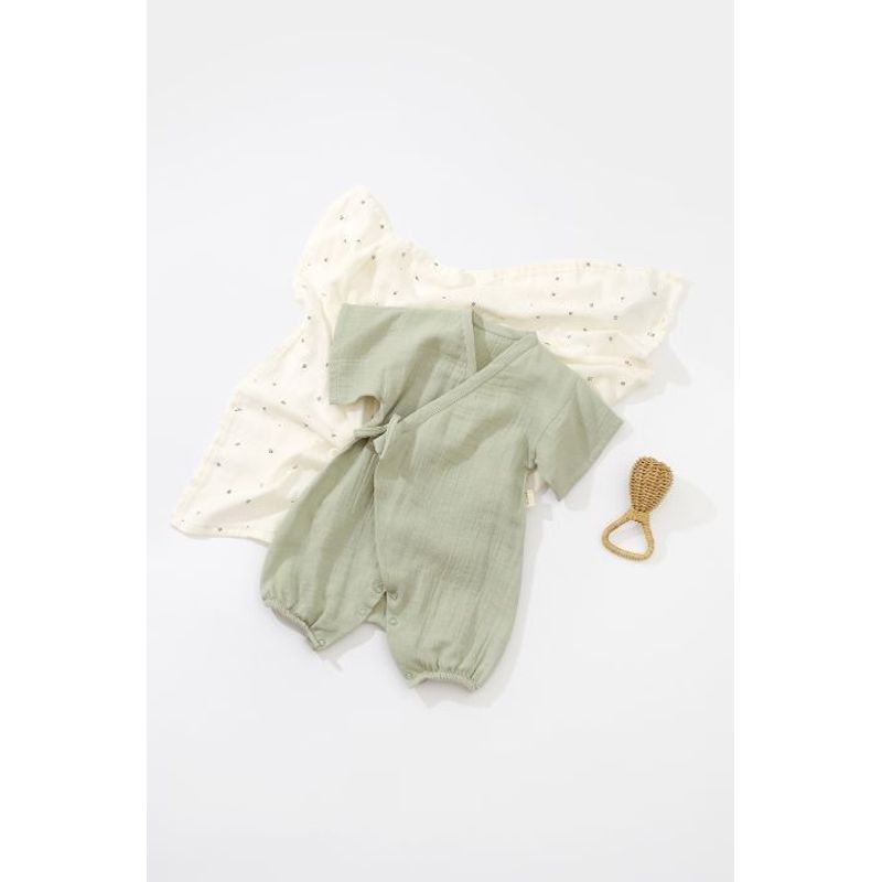 Fashion, accesorii si bijuterii - Copii - Imbracaminte copii - Salopete copii - Salopeta petrecuta din muselina, BabyCosy, 100% bumbac organic, Verde (Marime: 6-9 luni) - Infinity.ro