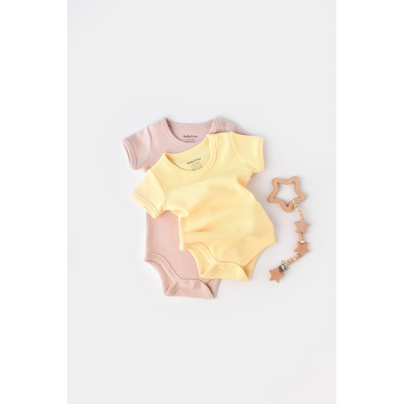 Fashion, accesorii si bijuterii - Copii - Imbracaminte copii - Body-uri copii - Set 2 body-uri bebe unisex -100% bumbac organic - Galben/Roz, BabyCosy (Marime: 18-24 Luni) - Infinity.ro