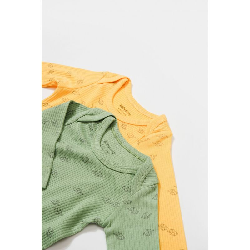 Fashion, accesorii si bijuterii - Copii - Imbracaminte copii - Body-uri copii - Set 2 body-uri cu maneca lunga Printed, BabyCosy, 50% modal+50% bumbac, Lamaie/Verde (Marime: 12-18 Luni) - Infinity.ro