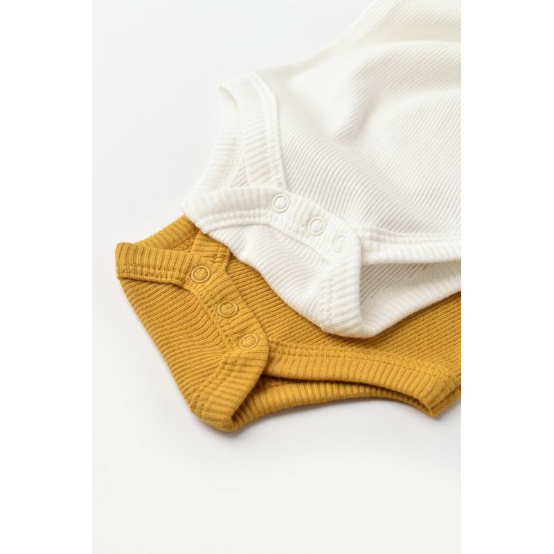 Fashion, accesorii si bijuterii - Copii - Imbracaminte copii - Body-uri copii - Set 2 body-uri cu maneca lunga bebe unisex din bumbac organic si modal - Mustar/Ecru, BabyCosy (Marime: 18-24 Luni) - Infinity.ro