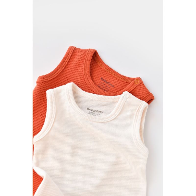 Fashion, accesorii si bijuterii - Copii - Imbracaminte copii - Body-uri copii - Set 2 body-uri fara maneci bebe unisex -100% bumbac organic -Scortisoara/Ecru, BabyCosy (Marime: 12-18 Luni) - Infinity.ro