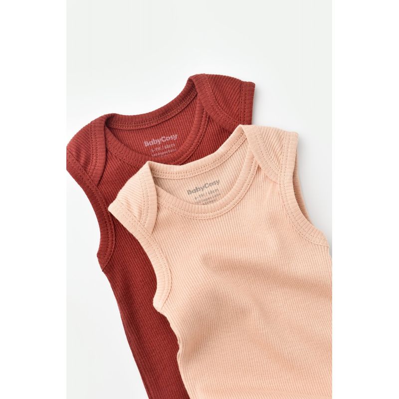 Fashion, accesorii si bijuterii - Copii - Imbracaminte copii - Body-uri copii - Set 2 body-uri fara maneci bebe unisex din bumbac organic si modal - Caramiziu/Somon, BabyCosy (Marime: 12-18 Luni) - Infinity.ro