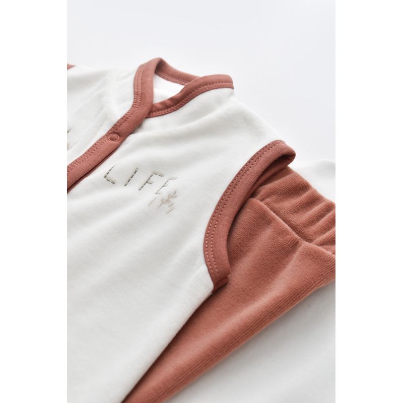 Fashion, accesorii si bijuterii - Copii - Imbracaminte copii - Treninguri si compleuri copii - Set 3 piese Broscuta cu body, pantalonasi si vestuta din 80%bumbac organic si 20% poliester - Caramiziu, BabyCosy (Marime: 6-9 l - Infinity.ro