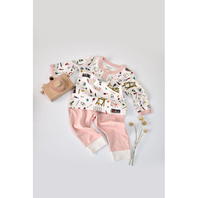 Fashion, accesorii si bijuterii - Copii - Imbracaminte copii - Treninguri si compleuri copii - Set bluzita cu maneca lunga si nasturei si pantaloni lungi, 100% bumbac organic, BabyCosy, Pudra (Marime: 9-12 luni) - Infinity.ro