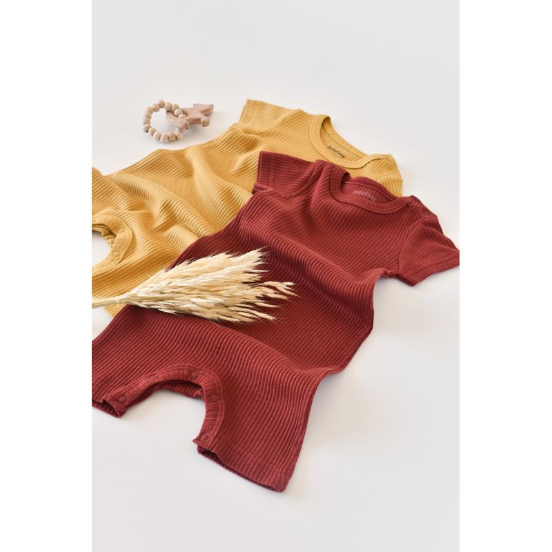 Fashion, accesorii si bijuterii - Copii - Imbracaminte copii - Salopete copii - Set de 2 salopetele cu maneca scurta din bumbac organic si modal - Caramiziu/ Sofran BabyCosy (Marime: 18-24 Luni) - Infinity.ro