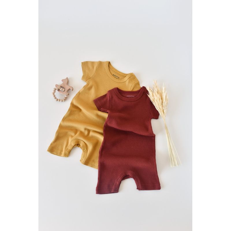 Fashion, accesorii si bijuterii - Copii - Imbracaminte copii - Salopete copii - Set de 2 salopetele cu maneca scurta din bumbac organic si modal - Caramiziu/ Sofran BabyCosy (Marime: 0-3 Luni) - Infinity.ro