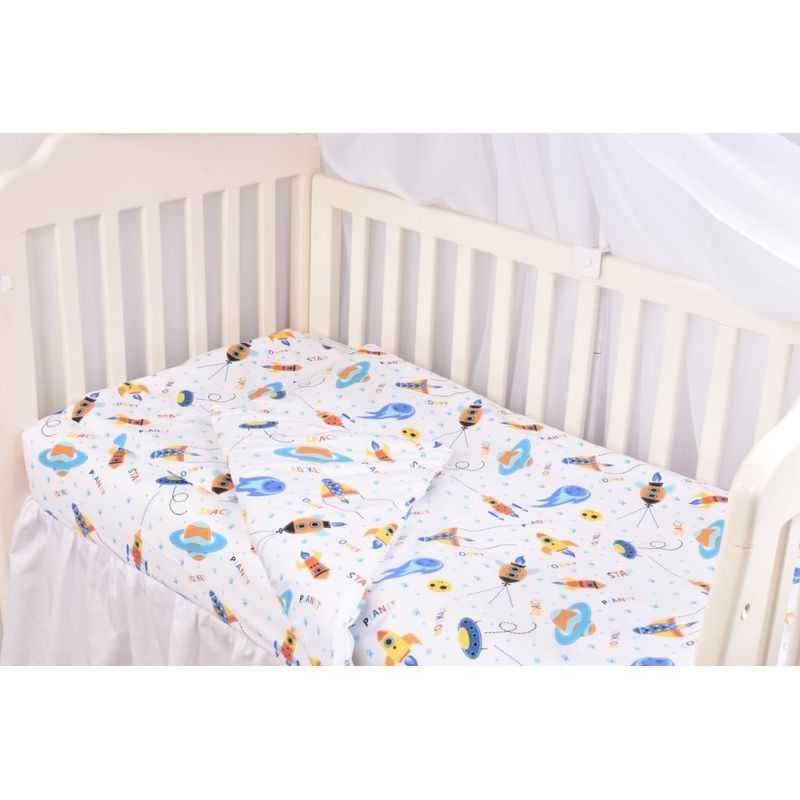 Casa si Gradina - Textile si covoare - Lenjerii de pat - Lenjerii copii - Set complet 7 piese lenjerie si aparatori patut 120x60 cm bumbac 100% model Rachete si Planete - Infinity.ro