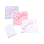 Casa si Gradina - Textile si covoare - Lenjerii de pat - Lenjerii copii - Set 3 cearsafuri alb roz si stelute roz + protectie impermeabila patut 90x40 50 cm - Infinity.ro