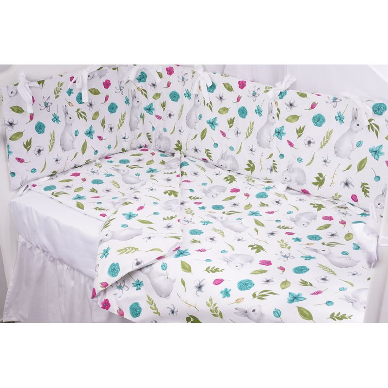 Casa si Gradina - Textile si covoare - Lenjerii de pat - Lenjerii copii - Lenjerie 6 piese patut 120x60 cm bumbac 100% model iepurasi si flori - Infinity.ro