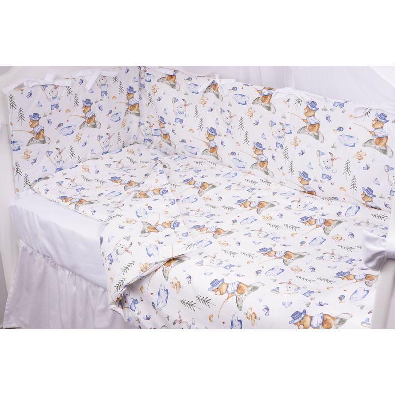 Casa si Gradina - Textile si covoare - Lenjerii de pat - Lenjerii copii - Set complet 7 piese lenjerie si aparatori patut 120x60 cm bumbac 100% model iepurasi albastru - Infinity.ro