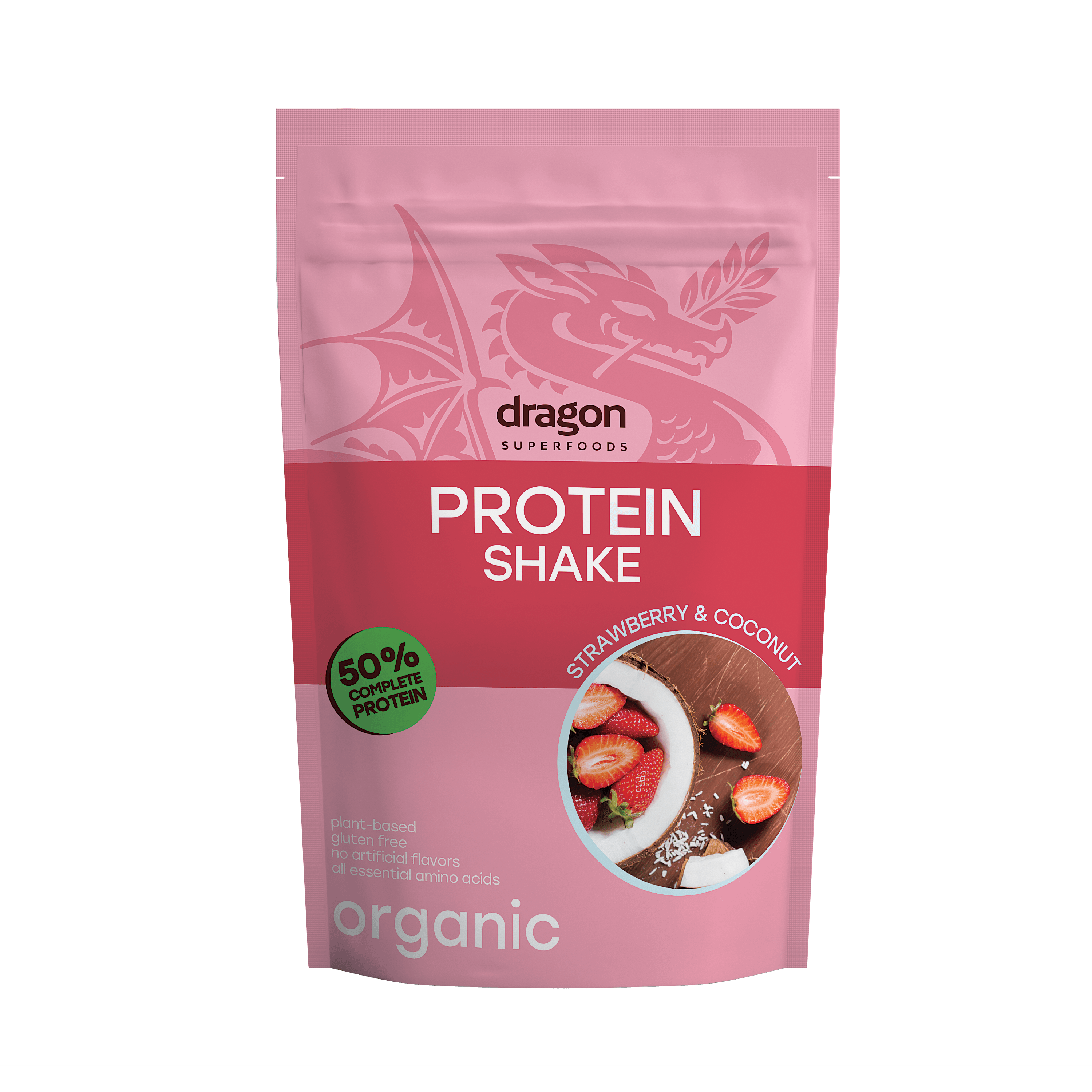 Shake proteic capsuni si cocos bio 450g Dragon Superfoods - 50% proteine