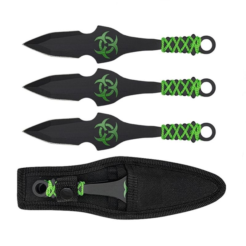 Sport si Outdoor - Camping - Cutite, bricege si accesorii - Cutite si bricege - Set trei cutite de aruncare, verde, 16.5 cm, teaca inclusa - Infinity.ro