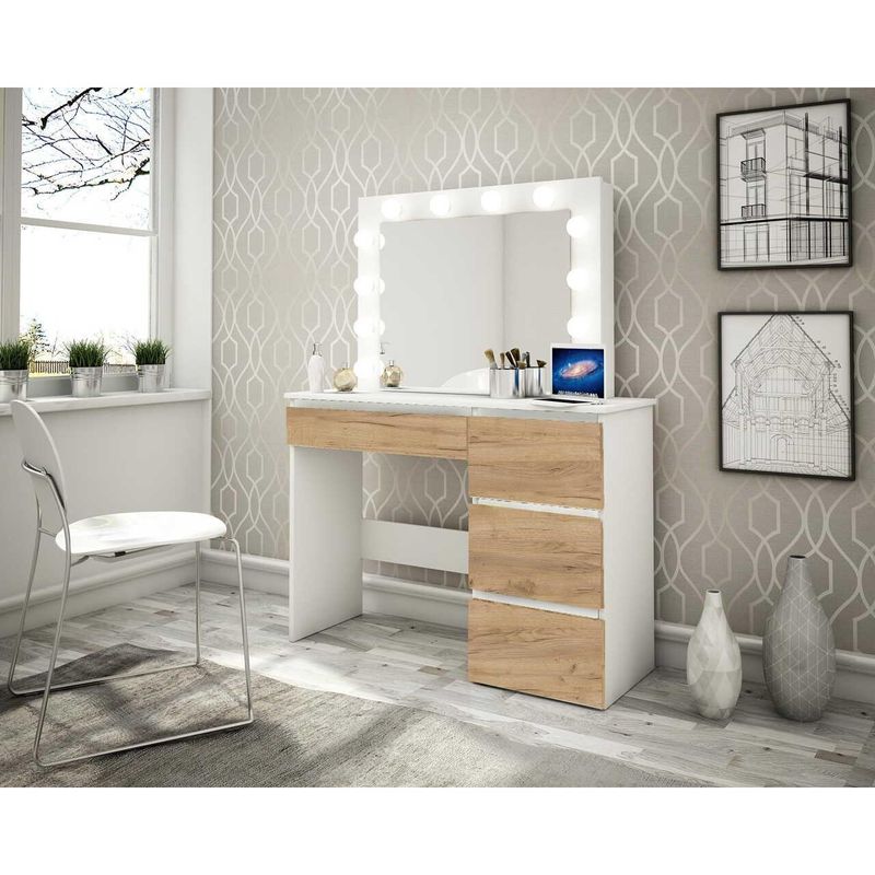 Casa si Gradina - Mobilier - Comode si corpuri - Masute de toaleta - Masa de toaleta/machiaj, alb si stejar Wotan, cu oglinda si LED-uri, Irina, 94x43x141 cm - Infinity.ro