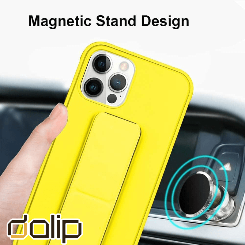 Laptop, Telefoane si Tablete - Telefoane mobile si accesorii - Accesorii Telefoane - Huse telefoane - Husa pentru iPhone 12 Pro Max, Dalip Silicon Stand Grip PRO, Galben - Infinity.ro