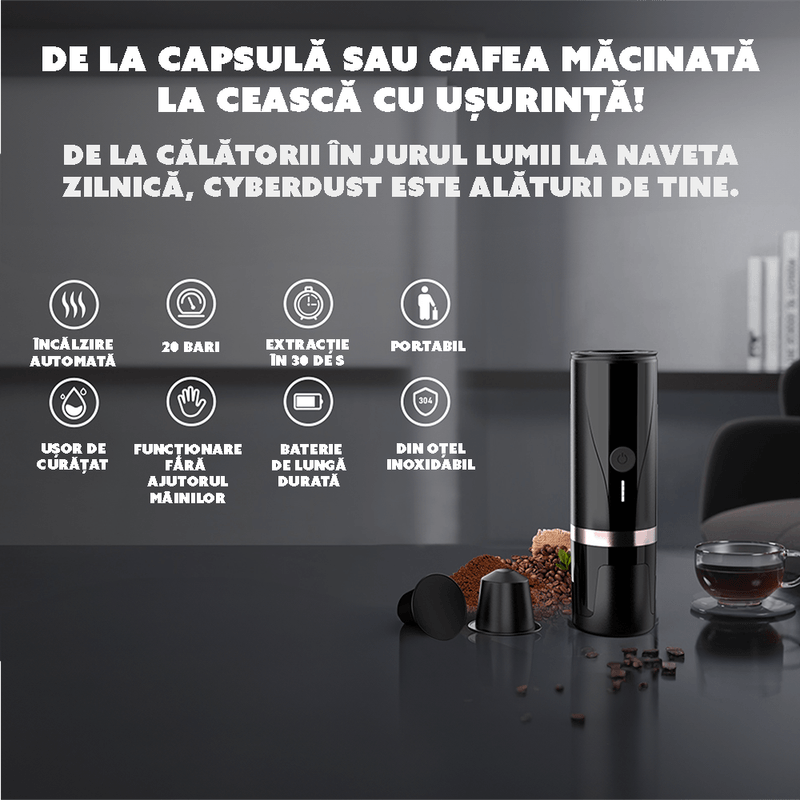 Electronice si Electrocasnice - Electrocasnice bucatarie - Preparare bauturi - Espressoare - Minipresso CYBERDUST, Espressor portabil, Negru mat, Compatibil cu cafea macinata si capsule de cafea - Infinity.ro