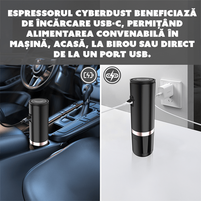 Electronice si Electrocasnice - Electrocasnice bucatarie - Preparare bauturi - Espressoare - Minipresso CYBERDUST, Espressor portabil, Negru mat, Compatibil cu cafea macinata si capsule de cafea - Infinity.ro