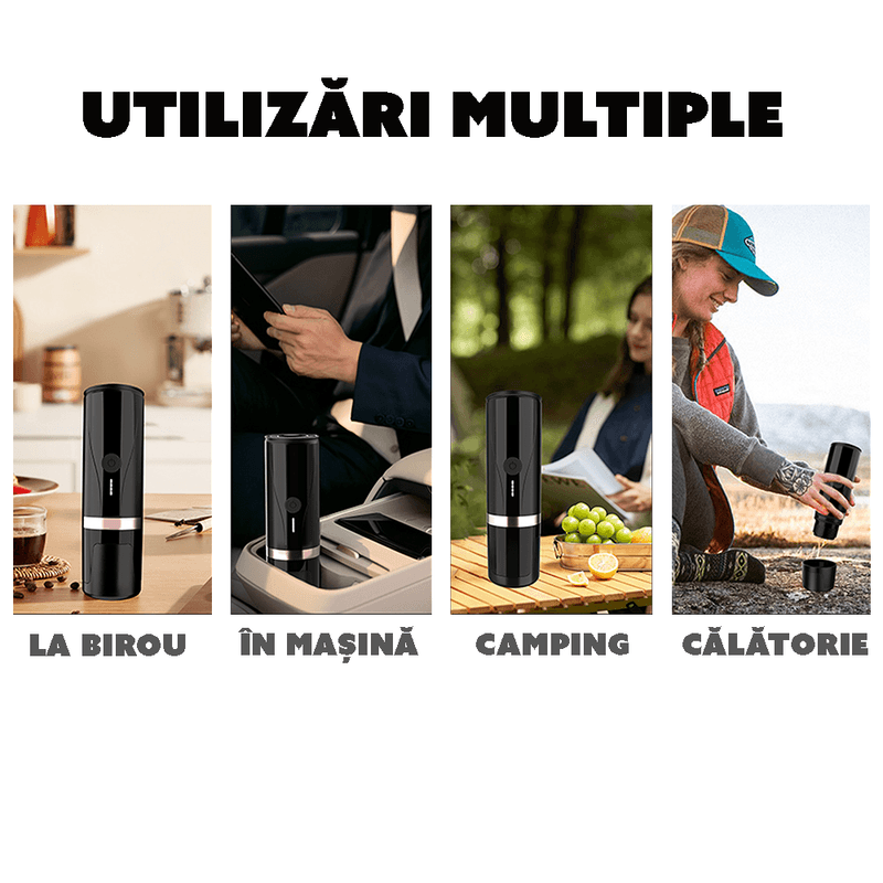 Electronice si Electrocasnice - Electrocasnice bucatarie - Preparare bauturi - Espressoare - Minipresso CYBERDUST, Espressor portabil, Negru mat, Compatibil cu cafea macinata si capsule de cafea - Infinity.ro
