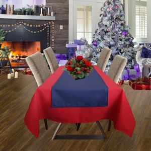 Set Fata de masa rosie cu napron albastru uni Kotonia Home Emma 05, creton, 180x220 cm + 45x180 cm, 100% bumbac