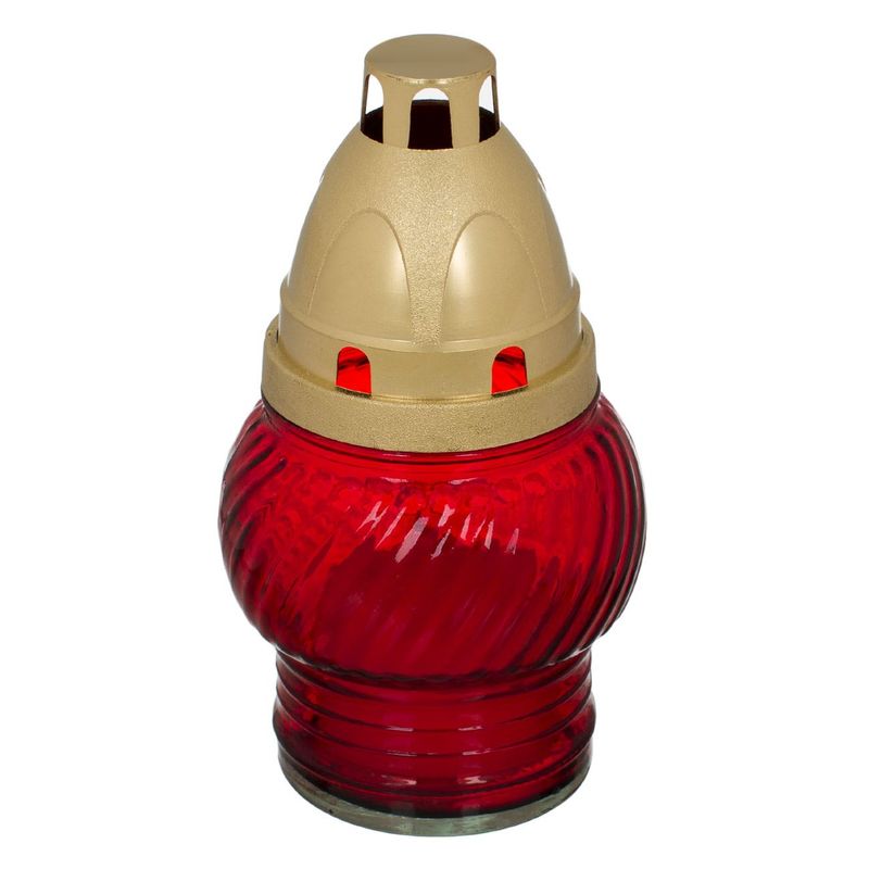 Casa si Gradina - Decoratiuni - Aromaterapie si lumanari - Lumanari si candele - Lumanare decorativa, model cu capac cupola reutilizabil, sticla rosie, baza aurie, diametru 8 x 14cm - Infinity.ro