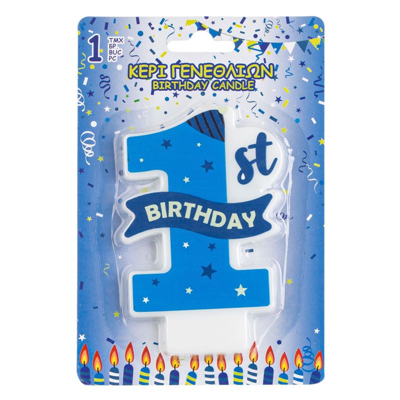 Casa si Gradina - Decoratiuni - Aromaterapie si lumanari - Lumanari si candele - Lumanare tort aniversara, model 1st birthday, albastru ciel, parafina - Infinity.ro
