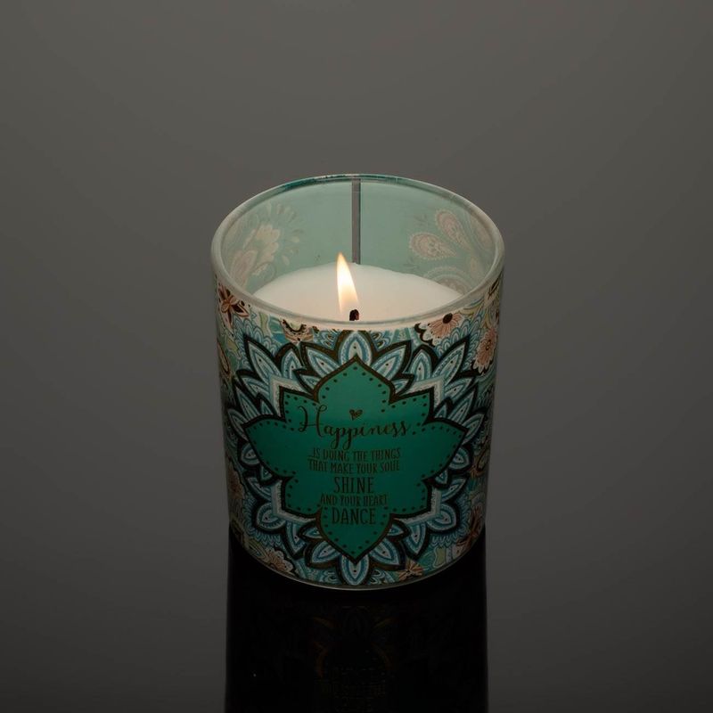 Casa si Gradina - Decoratiuni - Aromaterapie si lumanari - Lumanari si candele - Lumanare parafina decorativa, model ethnic, parfum vanilie, capac lemn, multicolor, 9 x 10.5cm - Infinity.ro