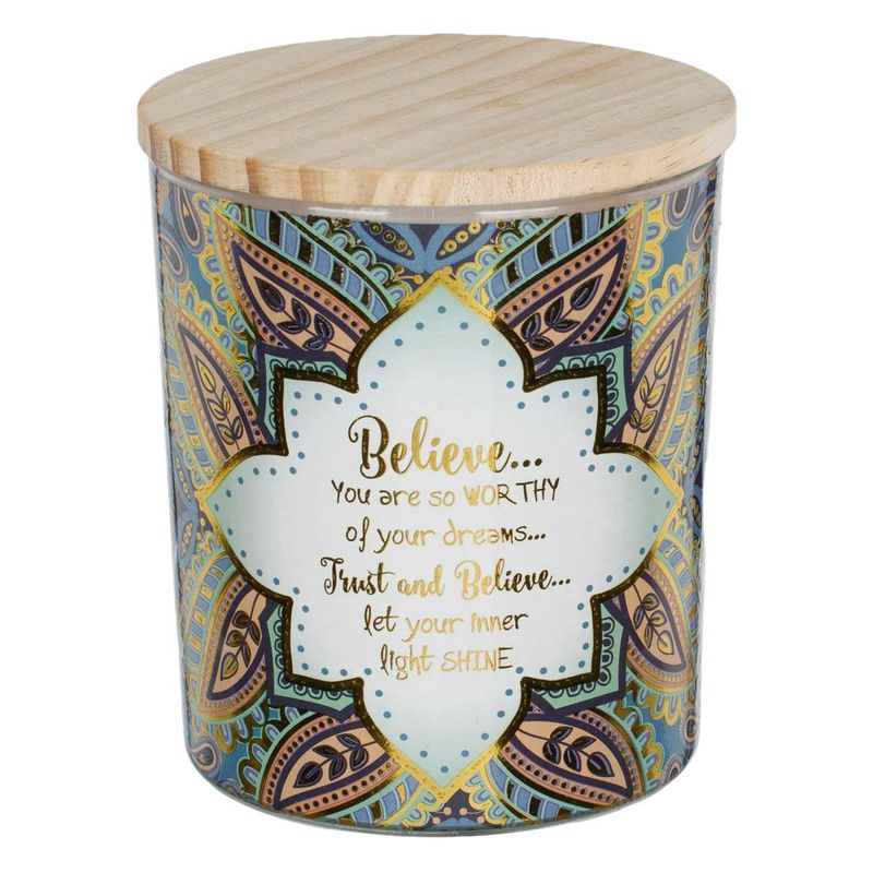 Casa si Gradina - Decoratiuni - Aromaterapie si lumanari - Lumanari si candele - Lumanare parafina decorativa, model ethnic, parfum vanilie, capac lemn, multicolor, 9 x 10.5cm - Infinity.ro