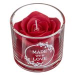 Casa si Gradina - Decoratiuni - Aromaterapie si lumanari - Lumanari si candele - Lumanare decorativa, model 3d trandafir, sticla transparenta, mesaj „made with love”, diametru 8 x 7cm, rosu - Infinity.ro
