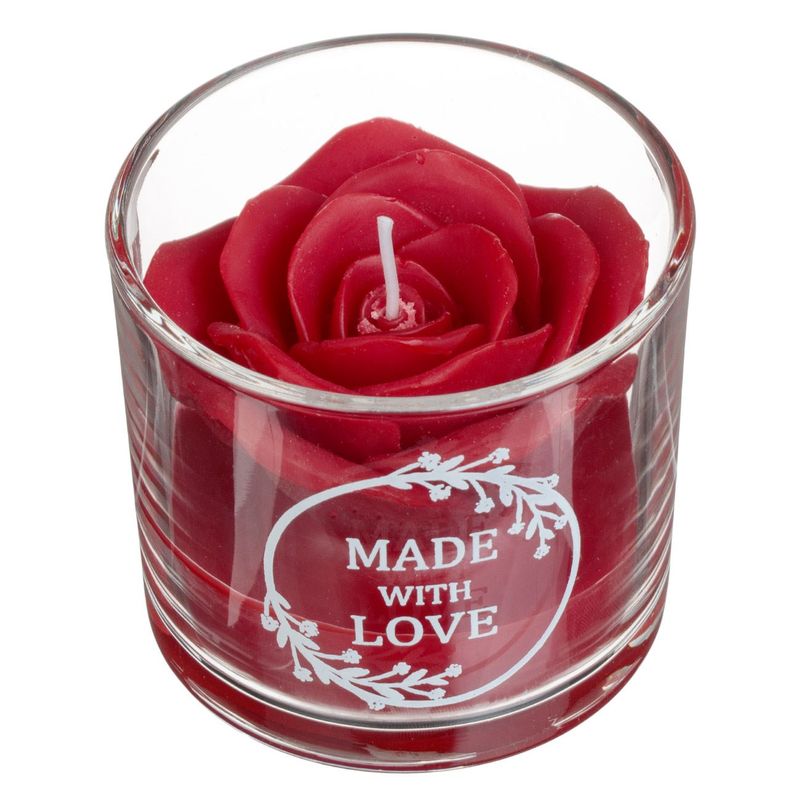 Casa si Gradina - Decoratiuni - Aromaterapie si lumanari - Lumanari si candele - Lumanare decorativa, model 3d trandafir, sticla transparenta, mesaj „made with love”, diametru 8 x 7cm, rosu - Infinity.ro