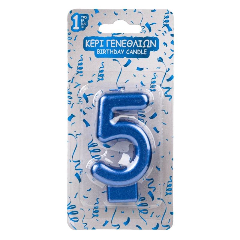 Casa si Gradina - Decoratiuni - Aromaterapie si lumanari - Lumanari si candele - Lumanare aniversara, numar 5, albastru metalizat, 4 x 5.5 cm - Infinity.ro